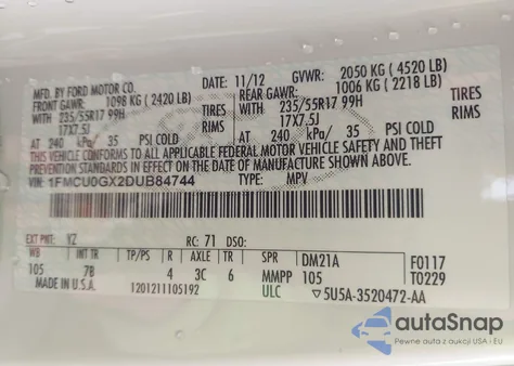 2013 Ford Escape Se from USA, damaged, VIN 1FMCU0GX2DUB84744